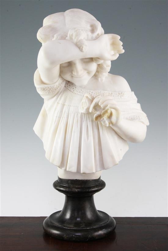 A late Victorian carved alabaster bust of a young girl holding a rose, 19in.